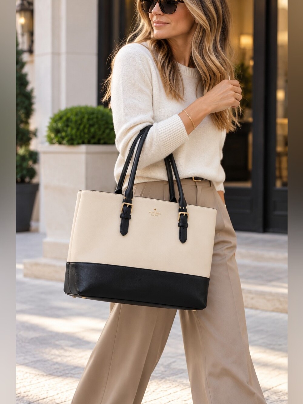 Kate Spade Cove Street Ariel Leather Colorblock Tote Bag In Pumice/ Black